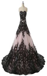 Blushing Pink Black Gothic Ball Gown Wedding Dresses Sweetheart Lace Appliques Vintage Bridal Gowns Non White Wedding Colorful6054695