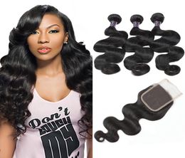 Ishow Peruvian Human Hair Weave 3 Bundles With Lace Closure Virgin Hair Extensions 10A Brazilian Body Wave Wefts for Women Girls N7757962