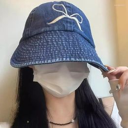 Berets Korean Washed Denim Bow Bucket Hat Embroidery Panama Hats Women Summer Outdoor Casual Sunscreen Visor Fisherman Caps