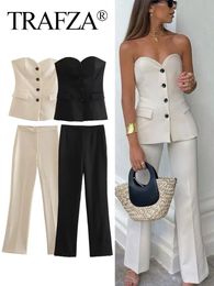 TRAFZA Women Elegant Solid Pant Suit Front Button Strapless Sexy Tank Tops Side Slit Trouser Female Fashion Streetwear Sets 240410