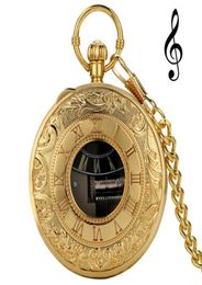 Exquise Gold Musical Movement Pocket Watch Hand Crank Playing Music Watch Chain Roman Number Carved Clock Happy Year Gifts314U6339200