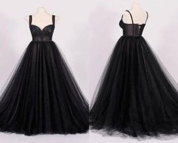 Real Sample 2018 Vintage Black Tulle Wedding Dresses With Lace Applique Spaghetti Straps Sweetheart Lace Up Back Bridal Gowns EN117983085