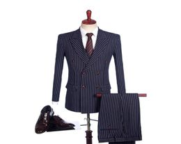 2019 Latest Coat Pant Design Wool Black Stripe Double Breasted Peaked Lapel Tuxedos Men Wedding Suits Tailor Blazer Groom Suits7889905