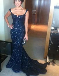 2017 Navy Blue Evening Dresses Mermaid Scoop Shiny Lace Sequins Sleeveless Court Train Sexy Prom Gowns7644686