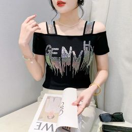 Women's T Shirts Arrived Ladies Clothes High-End T-Shirt Sexy Off Shoulder Letter Shiny Diamonds Women Chic Mesh Tops Tees Blouse