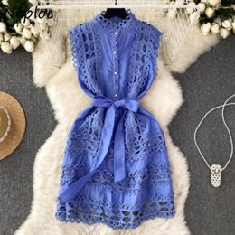 Casual Dresses Neploe Crochet Flower Stand Collar Sleeveless Lace Dress Vintage Hollow Out Up Patchwork Robe French Style Vestidos