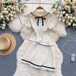 Work Dresses Summer Sweet Age-Reducing Knitted Two Piece Suit Women Short Sleeved Slim Bow Pullover Top And Mini A-line Pleated Skirt