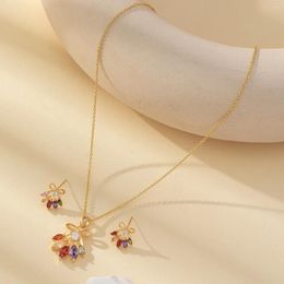 Necklace Earrings Set European And American Cross-border Niche Light Luxury Colourful Zircon Multicoloured Flower Pendant