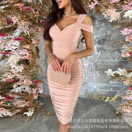 Casual Dresses Cold Shoulder Ruched Party Dress Elegant Women V Neck High Waist Corset Folds Slim Bodycon Evening Y2K Chic Prom Gown