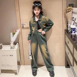 Clothing Sets American Retro Girls Denim Clothes Set Gradient Colour Jean Jacket Wide Leg Pants 2pcs 4-15 Kids Suit Children Outfits