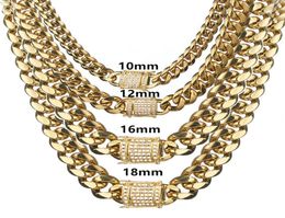 618mm Wide Stainless Steel Cuban Miami Chains Necklaces CZ Zircon Box Lock Big Heavy Gold Chain HipHop jewelry6497329