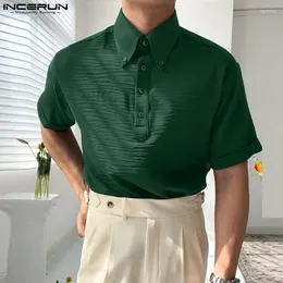 Men's Casual Shirts INCERUN Men Shirt Solid Colour Lapel Short Sleeve Streetwear Korean Style Summer 2024 Fashion Clothing S-5XL