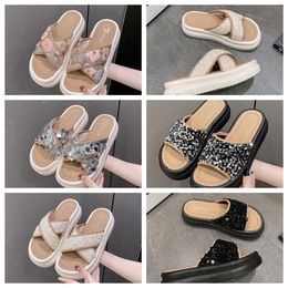 2024 new Luxury Thick soled cross strap cool slippers women white Exquisite sequin sponge cake sole one line trendy slippers