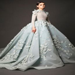 Vintage Butterfly Long Sleeve Puffy Ball Gown Evening Dress 2017 Arabic Dress Applique Lace Organza O Neck Prom Dresses 5600043