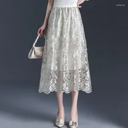 Skirts ZXRYXGS Mid Length Hollow Western-style Women Skirt 2024 Spring Summer Elastic Waist Fashionable Temperament Trend