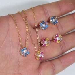 Necklace Earrings Set Colourful Fashion Women Jewellery Gold Plated Gradual Blue Pink Cubic Zirconia Bloom Flower Earring 2024