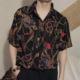 Men's Casual Shirts 2024 Summer Hong Kong Style Elegant Pi Si Smooth Soft Retro Loose Modern Printed Chiffon Short Sleeved Flower Shirt For