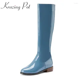 Boots Krazing Pot Winter Arrival Big Size Riding Cow Patent Leather Round Toe Med Heel Fashion Solid Thigh High L68