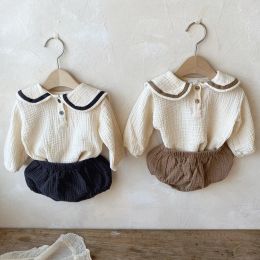 Trousers Korean Baby Girls Clothing Sets Navy Collar Lapel Top + Bread Pants Suit Ins Newborn Organic Cotton Children Casual Shorts Suit