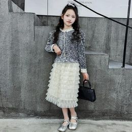 Clothing Sets Kids Girls Birthday Party Dress Set Spring Autumn Long Sleeve Sequin Coat Pleated Skirt 2pcs 4-14 Child Outfit Clothes Suit