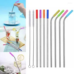 Drinking Straws 8Pcs Reusable Metal Straw With Detachable Silicone Tips&Cleaning Brush Stainless Steel Kitchen Bar Accessories