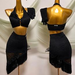 Stage Wear Women Sexy Lace Latin Dance Costume Black Halter Tops Tassel Skirt ChaCha Samba Dancer Clothes Salsa Tango Practise VDB8027