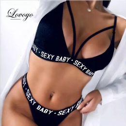 Sexy Letter ThreePoint Suit Womens Sports Underwear Set Skinny Backless Bikini Bathing Women 240408