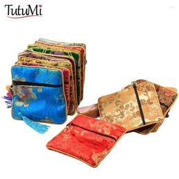 Jewellery Pouches 1pc Chinese Brocade Handmade Silk Embroidery Tassel Padded Zipper Small Gift Storage Pouch Bag Satin Coin Purse