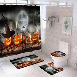 Shower Curtains El Bathroom Accessories Spooky Halloween Castle Curtain Set With Pumpkin Design Waterproof Non-slip Rugs Bath