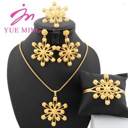 Necklace Earrings Set Golden Colour Jewellery Dubai Women Clips Ring Snowflake Pendant African Bridal Wedding