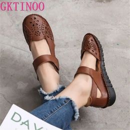 GKTINOO Hollow Genuine Leather Breathable Soft Flat Sandals Summer Women Shoes Woman Casual Solid Buckle Strap Ladies 240329