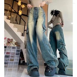 Women's Jeans American Retro Distressed Washed Casual Women 2024 Autumn High Waist All Match Pockets Wide Leg Cargo Pants
