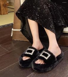 Slippers Hairy Women Wear Thick Bottom 2024 Spring And Autumn All Fashion Rhine-diamond Cotton