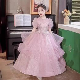 Girl Dresses Piano Performance Dress 2024 Pink Super Immortal Flower Fluffy Princess Little Model Walk