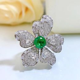 Cluster Rings SpringLady Vintage 925 Sterling Silver Flower 8MM Emerald High Carbon Diamond Gemstone Wedding Party Ring Fine Jewellery