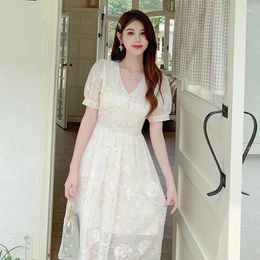 Party Dresses Summer Retro Button Print Embroidered Sweet Little Fairy Fresh Hubble-bubble Sleeve Chiffon Dress