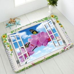 Bath Mats Colour Flowers Non-Slip Bathroom Mat 3D Window Floral Plants Butterfly Spring Scenery Bedroom Kitchen Doormat Rug Washable Carpet