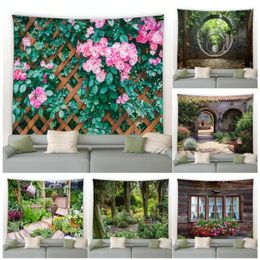 Tapestries Fence Pink Flowers Tapestry Vintage Window Flower Arch Garden Park Nature Plant Wall Hanging Modern Home Living Room Patio Decor