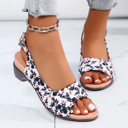 Sandals Print Random Women Mid Heels Shoes Fashion Dress Chunky Slippers 2024 Summer Walking Pumps Zapatillas Mujer Slides