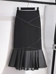 Skirts Women Long Oversized2024 Fashion Black Ruffles High Waist Bodycon Skirt Elegant Korean Clothes Office Sexy Pencil