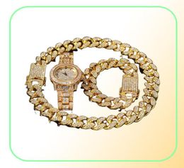 Chains 3pcs set Men Hip Hop Iced Out Bling Chain Necklace Bracelets Watch 20mm Width Cuban Necklaces Hiphop Charm Jewellery Gifts1269561662