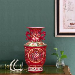 Vases Jingdezhen Ceramic Vase Enamel Modern Red Dragon Ears Home Furnishing Craft Decoration