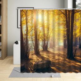 Shower Curtains Autumn Woods Curtain Sunlight Inject Forest Natural Landscape Scenery Printing Pattern Waterproof Bathroom Washable Hook