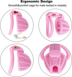 Male Chastity Device Cock Cage - Upgraded Super Small Lightweight Pink Resin Chastity Cage with 4 Different Sizes Removable Plastic Rings 2 Keys,