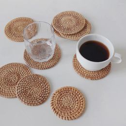 Table Mats 10CM Round Natural Handcrafted Woven Rattan Cup Mat Heat Insulation Anti Scald Tea Placemats Kitchen Decoration Accessory