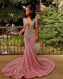 Party Dresses Sparkly Pink Long Prom Dress 2024 For Black Girls Beads Crystals Rhinestones Tassels Sequins Gown Evening Gowns Birthday