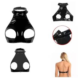 Women Sexy Glossy PVC Leather Bra Halter-neck Hollow Out Erotic Breast Exposing Ladies Open Cup Latex Bra Crop Top Shiny Wetlook