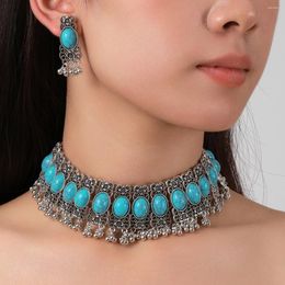 Necklace Earrings Set Boho Vintage Oval Turquoises Earring Jewellery For Women Silver Plated Geometric Tassel Blue Stone Sets