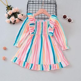 Girl Dresses 1-6Y Toddler Girls Long Sleeve Stripe Prints Dress Ruffles Square Neck Colorful Striped Smocking A-line Knee-length Skirt