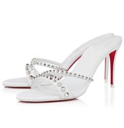 Elegant 2024S/S Tatoosh Spikes Leather Sandals Shoes & Mule Interweaving Straps Redbottoms Stiletto Heels Lady Slippers EU35-43 Original Box